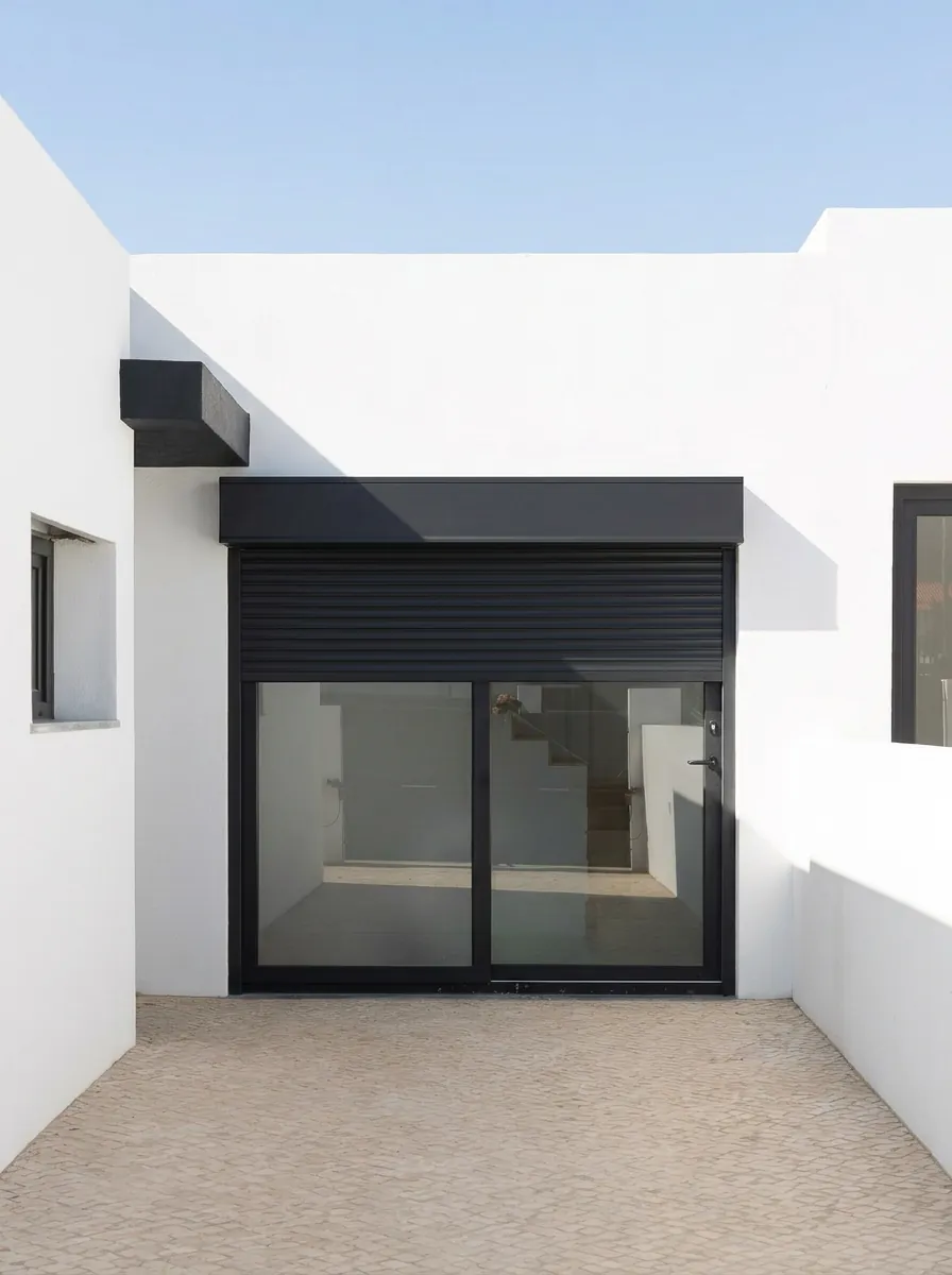 Cajón compacto negro en patio moderno minimalista